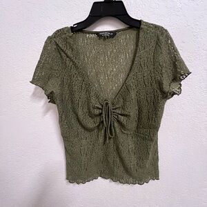 Green Smocked Tie Front Crop Top